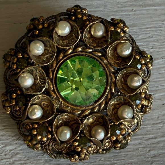 Western Germany Jewelry - Vintage West Germany Uranium Brooch Art Deco Filigree Grn Rhinestone UV Glow